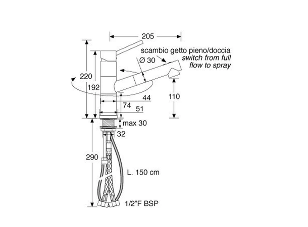 BARKA Blandebatteri, MDY1401 uttrekkbart munnstykke - 1,5m slange