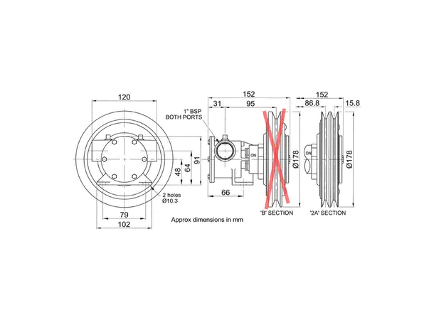 JABSCO Impellerpumpe m/reimdrift - 1" 24V Clutch - Dobbel reim (2A)