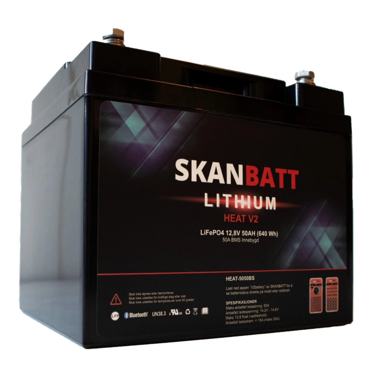 SKANBATT V2 Lithium Heat Batteri 12V 50Ah, 50A BMS (198x166x169mm)