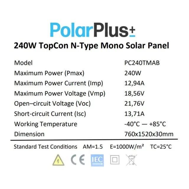 POLARPLUS Solcellepanel 240W 76x152cm med sort ramme 