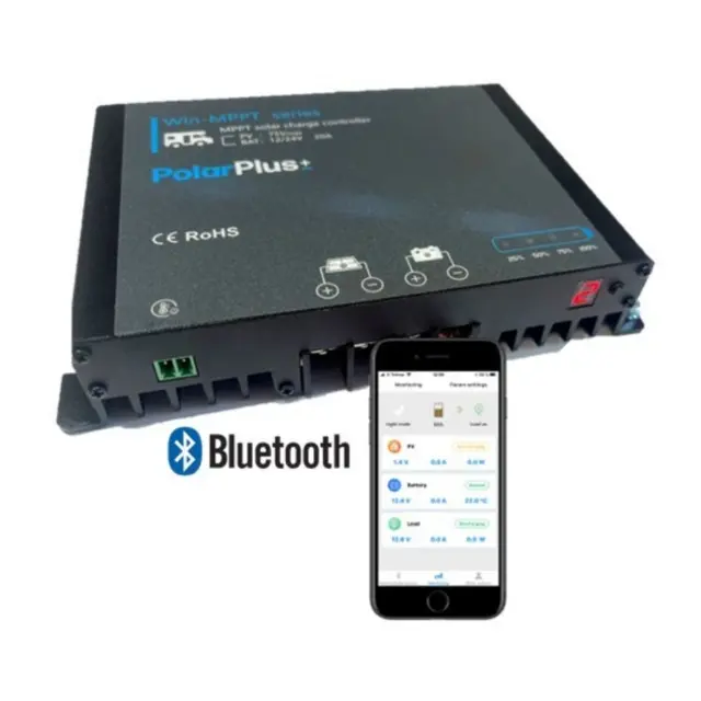 POLARPLUS Solcelleregulator 20A MPPT for alle batterityper - 12V - Bluetooth 