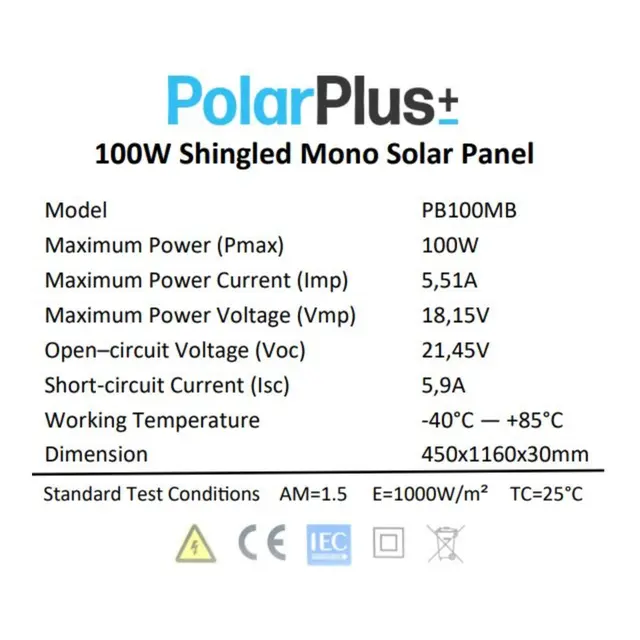 POLARPLUS Solcellepanel 100w sort 45x116cm med halv-celler og blank ramme 