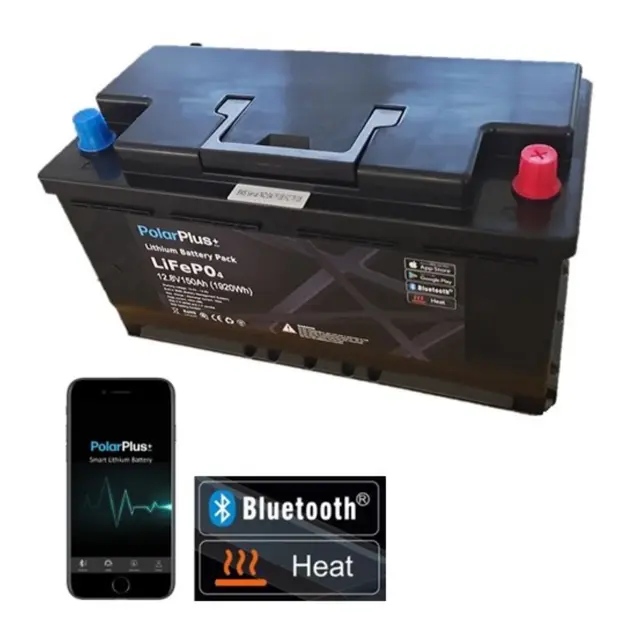 POLARPLUS 12V 100Ah Litium BMS 100a blåtann og varme, 1280Wh, 355x175x188mm 