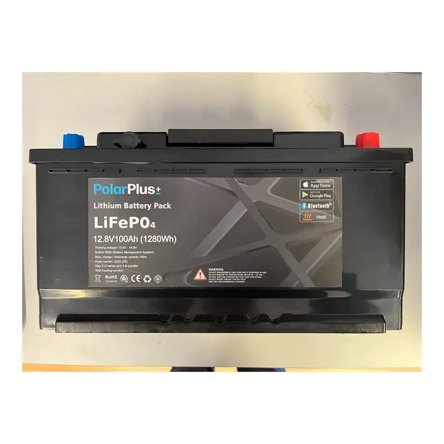 POLARPLUS 12V 100Ah Litium BMS 100a blåtann og varme, 1280Wh, 355x175x188mm 