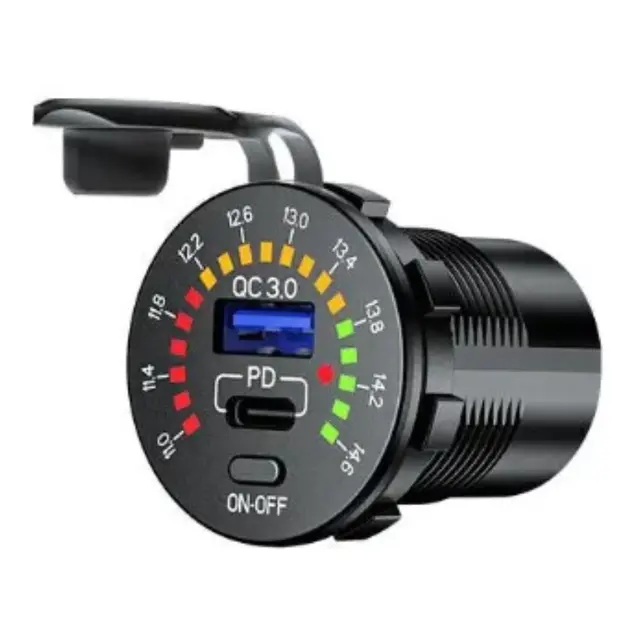 POLARPLUS 12V USB Uttak A+C Hurtiglader Ø37mm, Voltmeter med av/på knapp 