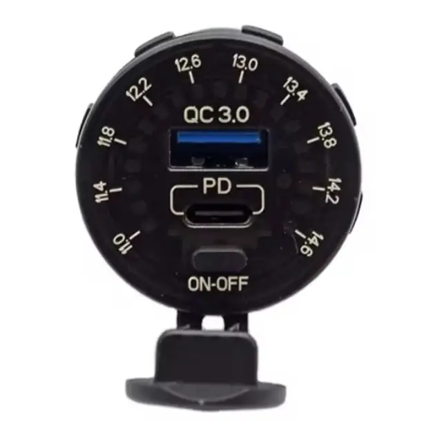 POLARPLUS 12V USB Uttak A+C Hurtiglader Ø37mm, Voltmeter med av/på knapp 