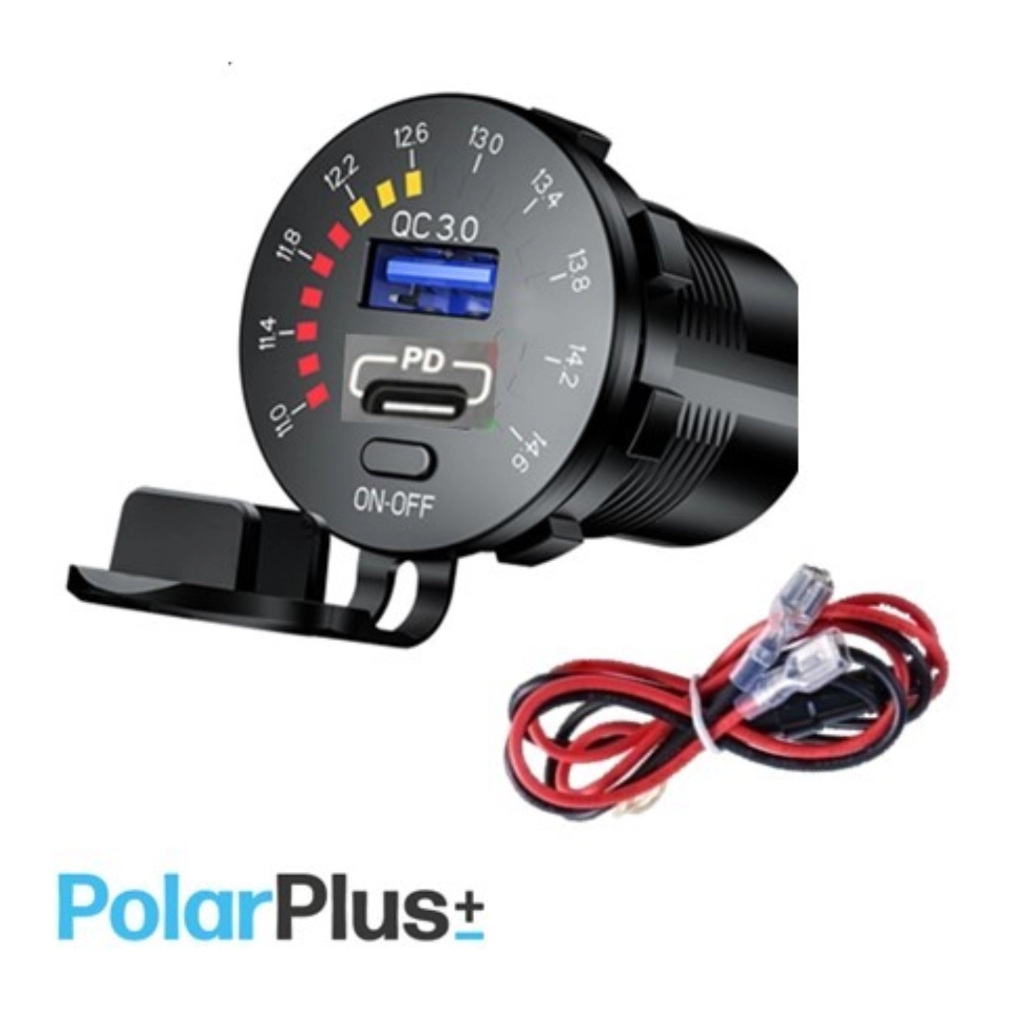 POLARPLUS 12V USB Uttak A+C Hurtiglader Ø37mm, Voltmeter med av/på knapp