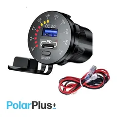 POLARPLUS 12V USB Uttak A+C Hurtiglader &#216;37mm, Voltmeter med av/p&#229; knapp