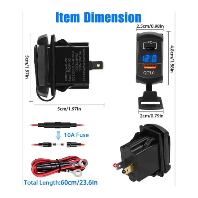 POLARPLUS 12/24v USB Uttak Hurtiglader , 24x48mm, Voltmeter med blå LED 