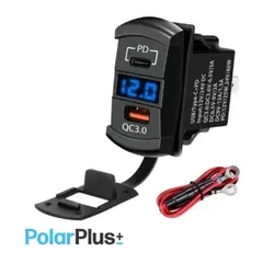 POLARPLUS 12/24v USB Uttak Hurtiglader , 24x48mm, Voltmeter med blå LED