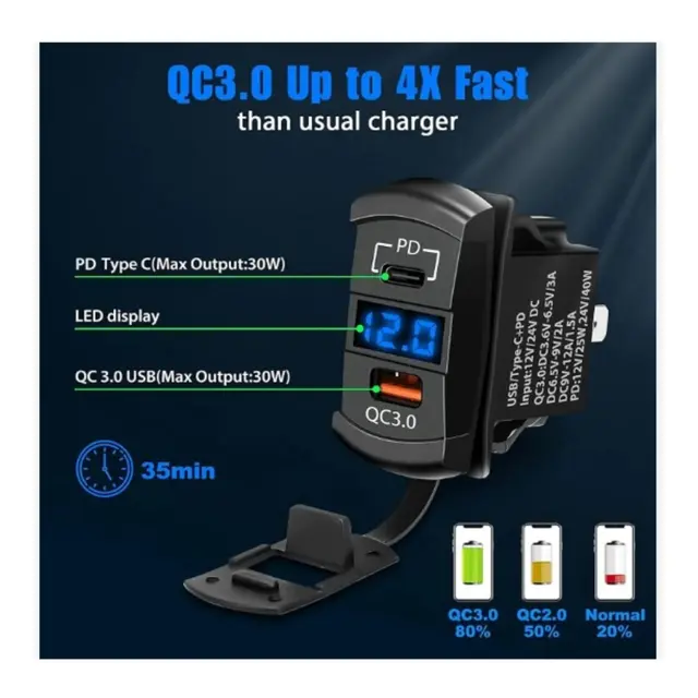 POLARPLUS 12/24v USB Uttak Hurtiglader , 24x48mm, Voltmeter med blå LED 