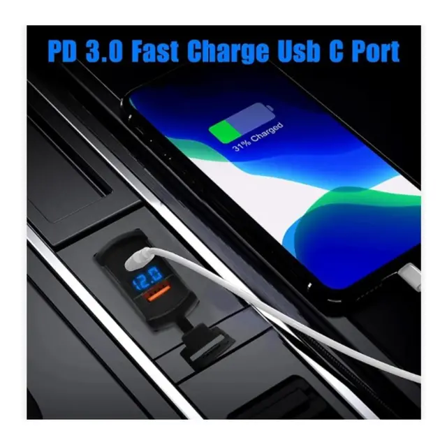 POLARPLUS 12/24v USB Uttak Hurtiglader , 24x48mm, Voltmeter med blå LED 
