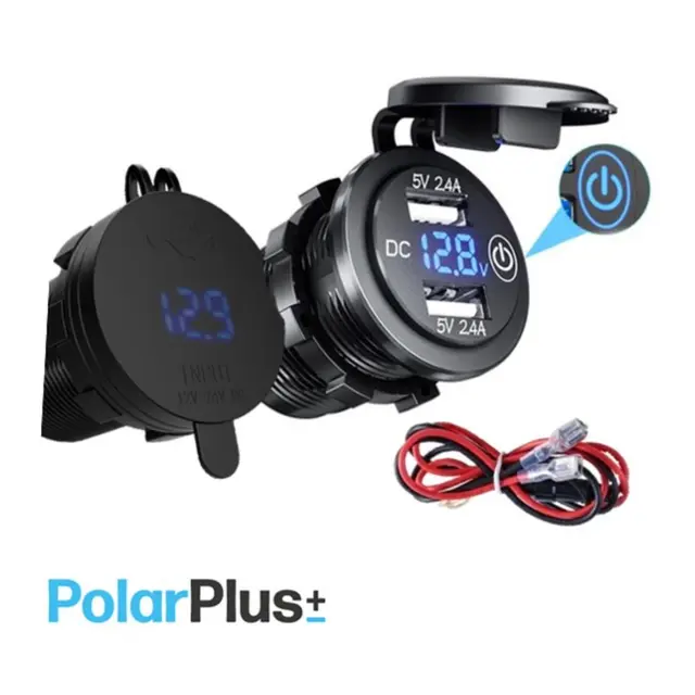 POLARPLUS 12/24v USB Uttak Lader A+a, Voltmeter blå LED med av/på knapp 