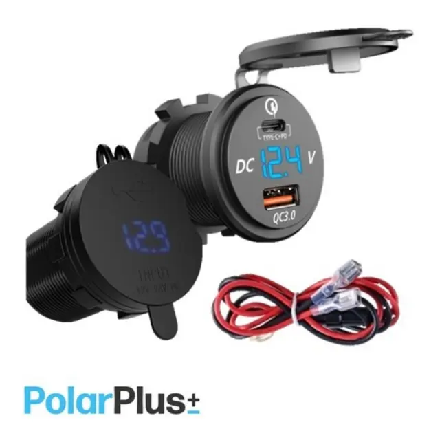 POLARPLUS USB Uttak A+C Hurtiglader 12V Ø37mm - Voltmeter m/ av/på knapp 