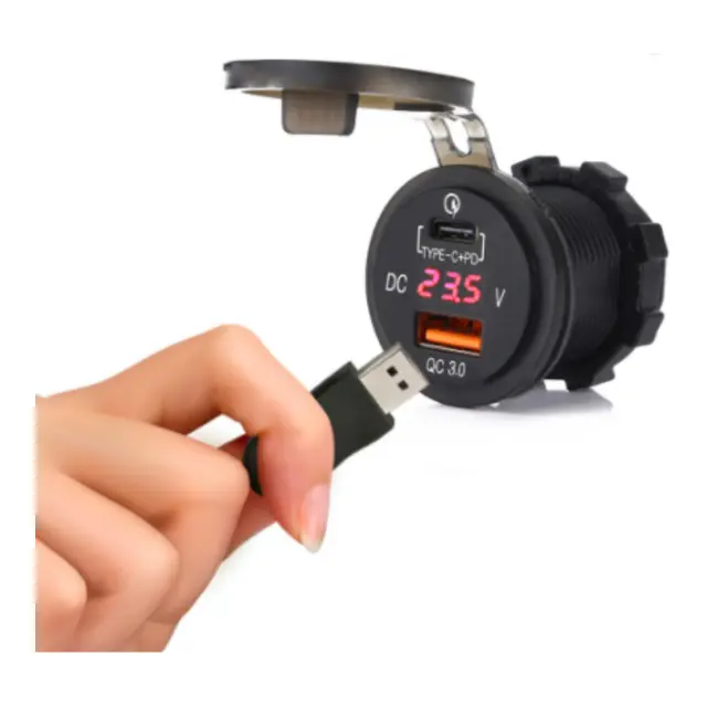 POLARPLUS USB Uttak A+C Hurtiglader 12V Ø37mm - Voltmeter m/ av/på knapp 