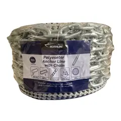 Morinline flettet ankerline med 5 meter kjetting, hvit/sort 10-16 mm