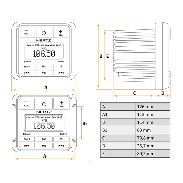 HERTZ HMR15D Marine Stereo DAB+ m/BT 100% vanntett front Ip66, 4 x 50W 