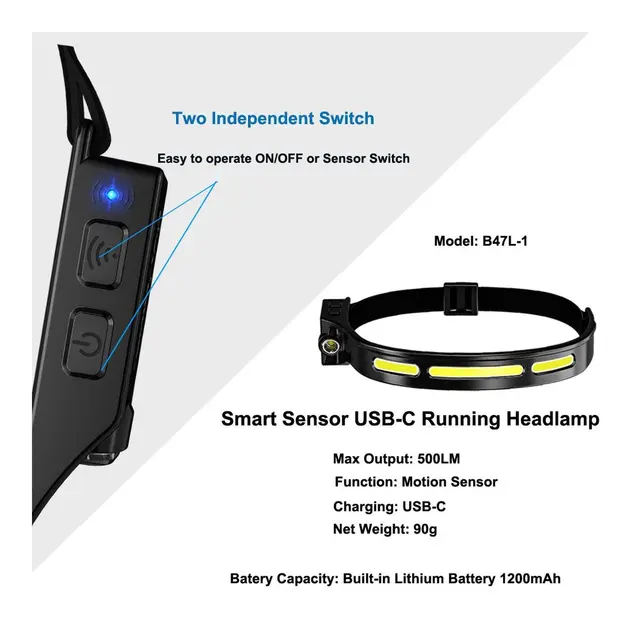 SPERAS hodelykt B47L1 500lm - 130m kastelengde - Lithium USB C 