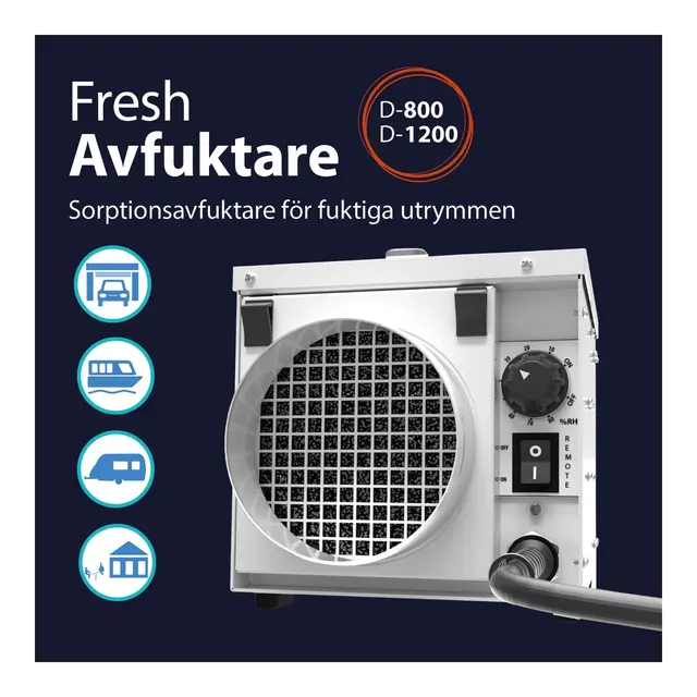 FRESH Luftavfukter D-800 Avfukter ca 8 liter/døgn 90 m3 luft time 