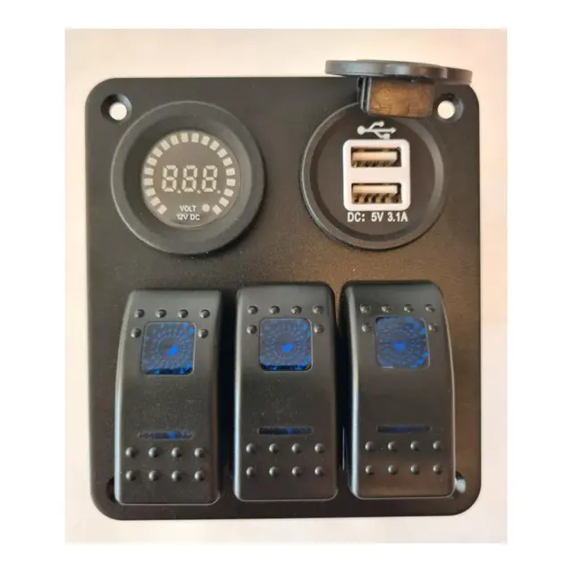 Bryterpanel m/voltmeter og USB uttak 3-veis - 100x110mm 