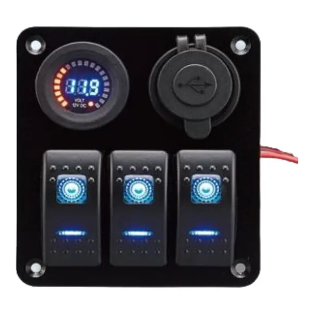 Bryterpanel m/voltmeter og USB uttak 3-veis - 100x110mm 