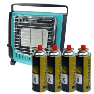 Gass varmeovn 2000W + 4pk gasspatroner m/auto shutoff og veltebryter