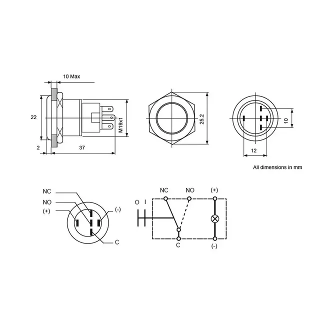 BEP Bryter m/Rød LED ring - 12V Rustfri - av/på 