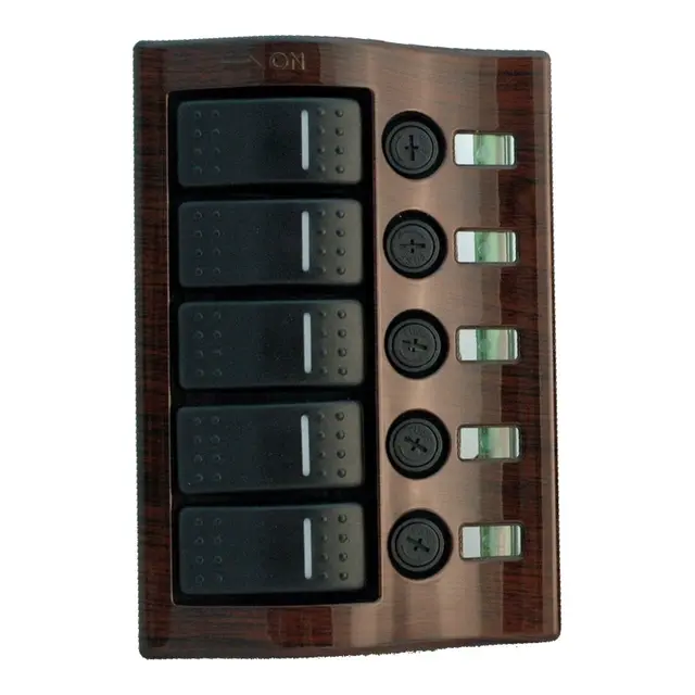 Bryterpanel "Wave" 5br. - Sort 5 brytere + Glass-sikringsholder 