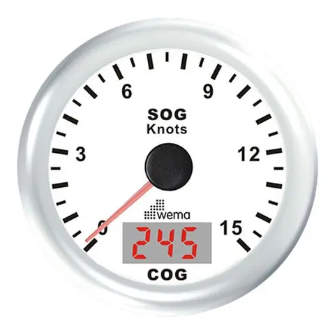 WEMA GPS knopmåler m/kompass, hvit 0-15 knop 