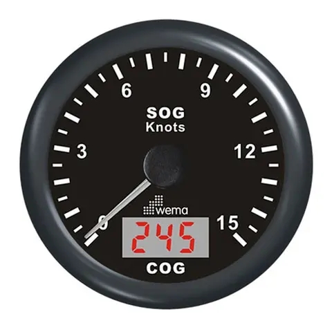 WEMA GPS knopmåler m/kompass, sort 0-15 knop 