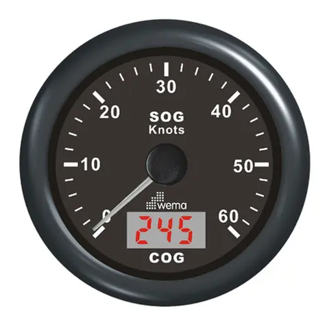 WEMA GPS knopmåler m/kompass, sort 0-60 knop 