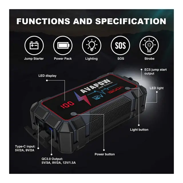 AVAPOW Jump Starter A9 - 12V 1500A - 8000 mAh - IP65 