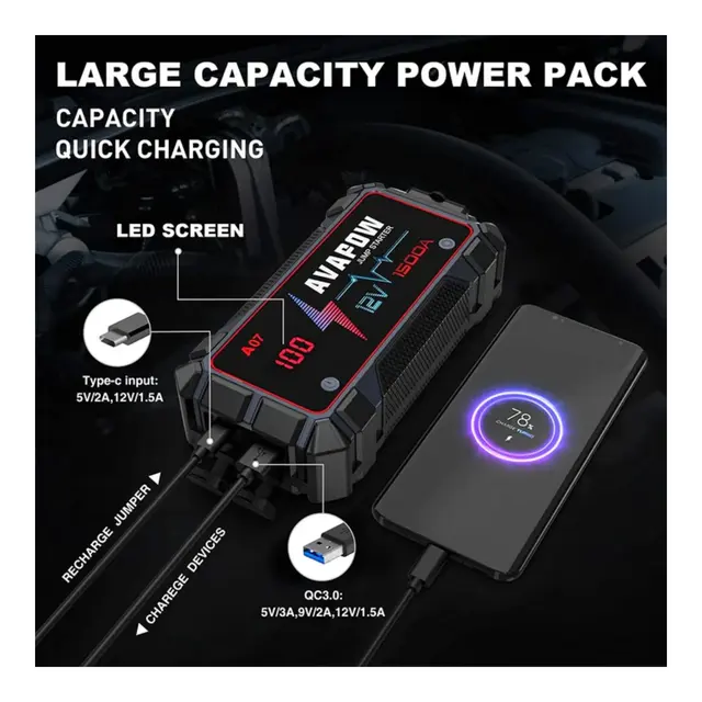 AVAPOW Jump Starter A9 - 12V 1500A - 8000 mAh - IP65 