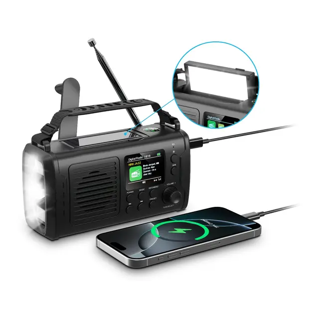 1852M Nødradio DAB+/FM Bluetooth med sveiv og solcellepanel 