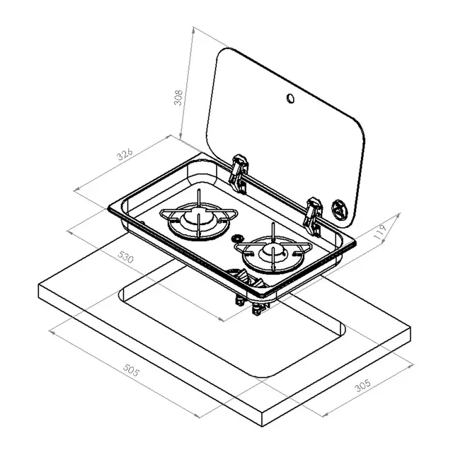 Navyload Hob 2 gasskoketopp 530 x 326 mm Rustfritt stål - nedfelling - m/lokk 
