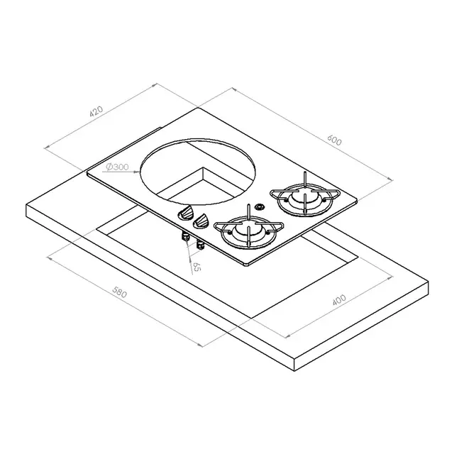 Navyload Glass Hob 2 gasskoketopp m/vask 600 x 420 mm - nedfelling - 2 brennere 