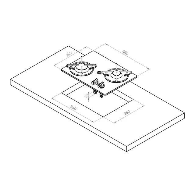 Navyload Glass Hob 2 gasskoketopp 380 x 280 mm - nedfelling - 2 brennere 