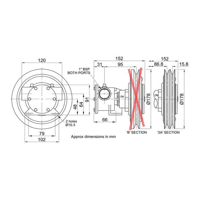 JABSCO Impellerpumpe m/reimdrift - 1" 12V Clutch - Dobbel reim (2A) 