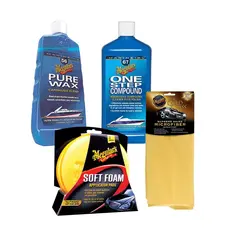 MEGUIARS B&#229;tpleiepakke OneStep Compound, Pure Wax, Pads og Klut