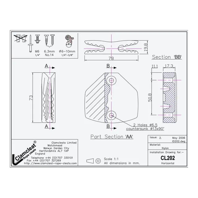 CLAMCLEAT Skjøtelås CL202-SB åpen dobbel - sort nylon, 6 - 10mm tau 