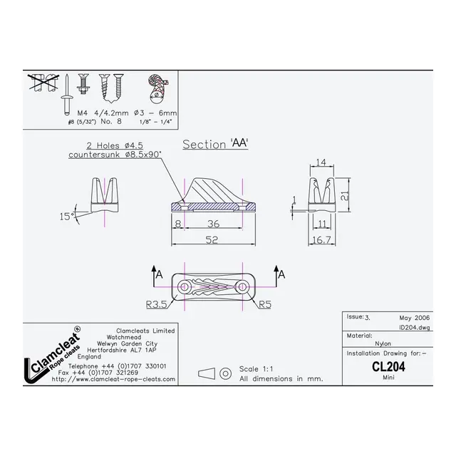 CLAMCLEAT Skjøtelås CL204, Mini åpen - sort nylon, 3 - 6mm tau 