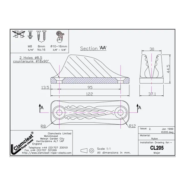 CLAMCLEAT Skjøtelås CL205, Major åpen - sort nylon, 10 - 16mm tau 