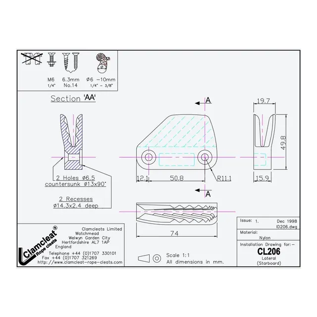 CLAMCLEAT Skjøtelås CL206, Skottmont. åpen styrbord - sort nylon, 6 - 10mm tau 