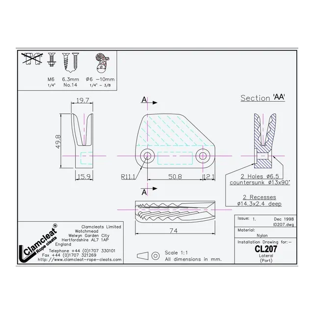 CLAMCLEAT Skjøtelås CL207, Skottmont. åpen babord - sort nylon, 6 - 10mm tau 