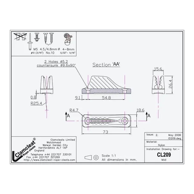CLAMCLEAT Skjøtelås CL209, Midi åpen - sort nylon, 4 - 8mm tau 