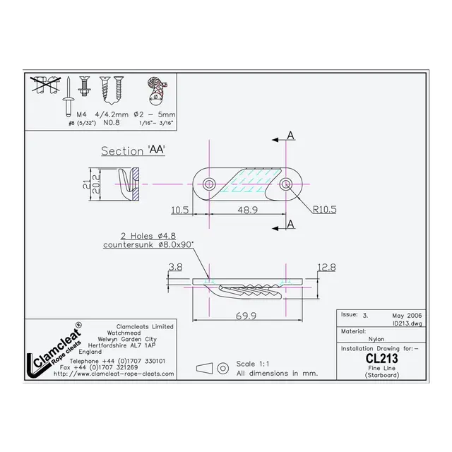 CLAMCLEAT Skjøtelås CL213, lav profil åpen styrbord - sort nylon, 2 - 5mm tau 