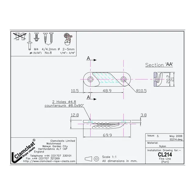 CLAMCLEAT CL214 Fine Line (babord) Liggende - sort nylon - 2-5mm 