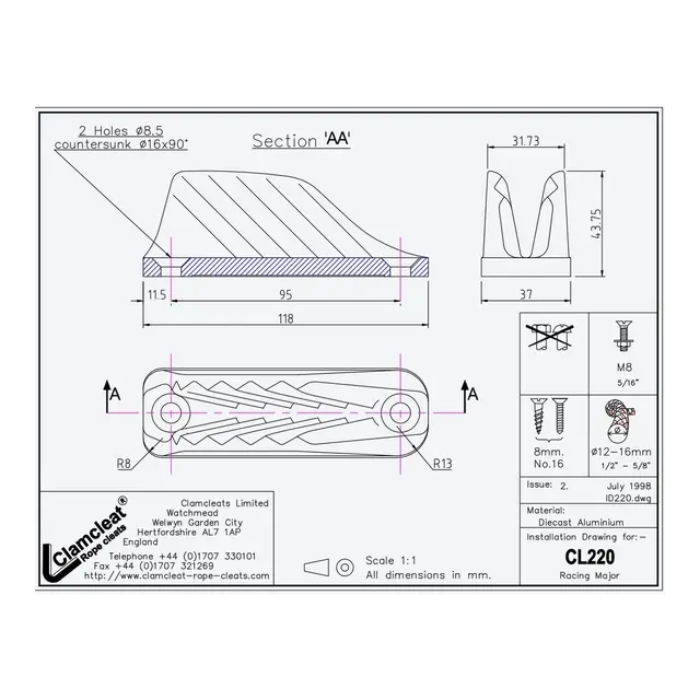 CLAMCLEAT Skjøtelås CL220, Major Racing åpen - aluminium, 12 - 16mm tau 
