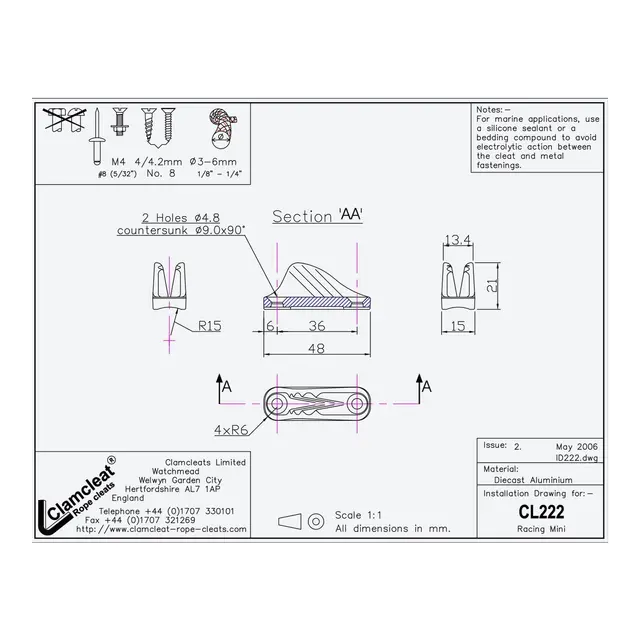 CLAMCLEAT Skjøtelås CL222, Mini Racing åpen - aluminium, 3 - 6mm tau 