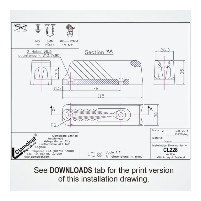 CLAMCLEAT Skjøtelås CL228 vertikal guide lukket - sort nylon, 6 - 12mm tau 